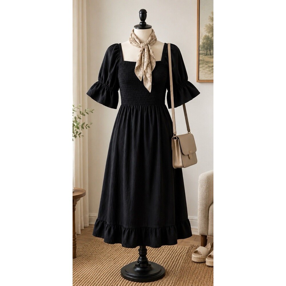 NWT Angashion XL Black Smocked Midi Dress Puff Sleeve Square Neck Cottagecore